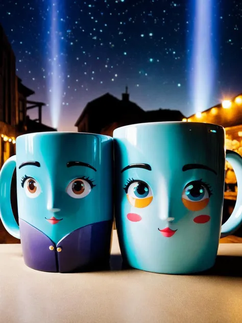 two mugs with cute 3d character faces, filled with coffee, sharing a cozy moment together on a fantasy art wall, at night, bright spotlight, bright sky,