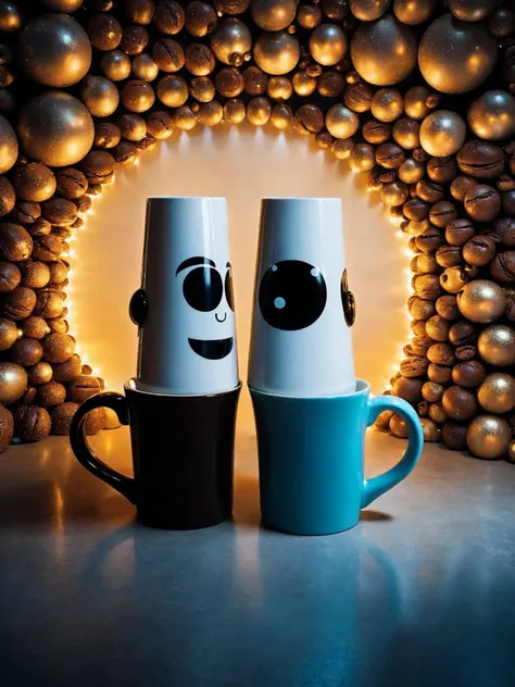 two mugs with cute 3d character faces, filled with coffee, sharing a cozy moment together on a fantasy art wall, at night, bright spotlight, bright sky,