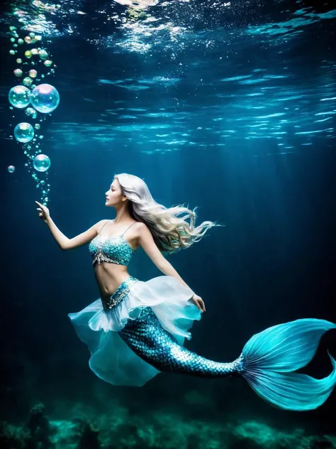happy, The scene of a beautiful mermaid swimming in the deep sea, long flowing silver hair, perky breasts, gorgeous fishtail skirt, the skirt is inlaid with shining pearls and gems, noble and mysterious, white skin, the light smile, the eyes twinkle, as if telling a moving story, the surrounding bubbles and water waves add to the motion and depth of the picture, the peace and mystery in the deep sea, Beautiful and romantic, full of imagination and artistic appeal, fantasism, fantasy style, masterpieces, pastel colors, deep sea scenes, movie lighting, high contrast, unimaginable beauty,