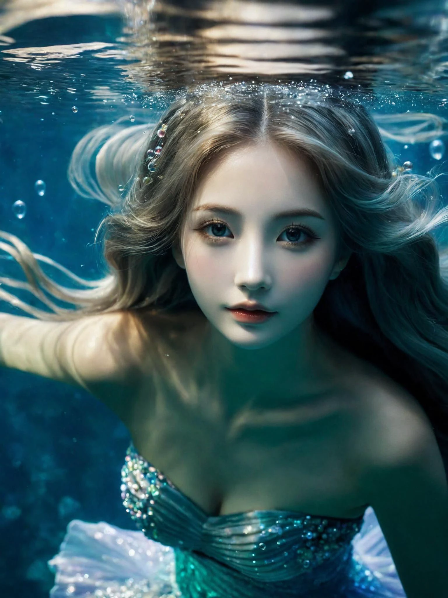happy, The scene of a beautiful mermaid swimming in the deep sea, long flowing silver hair, perky breasts, gorgeous fishtail skirt, the skirt is inlaid with shining pearls and gems, noble and mysterious, white skin, the light smile, the eyes twinkle, as if telling a moving story, the surrounding bubbles and water waves add to the motion and depth of the picture, the peace and mystery in the deep sea, Beautiful and romantic, full of imagination and artistic appeal, fantasism, fantasy style, masterpieces, pastel colors, deep sea scenes, movie lighting, high contrast, unimaginable beauty,