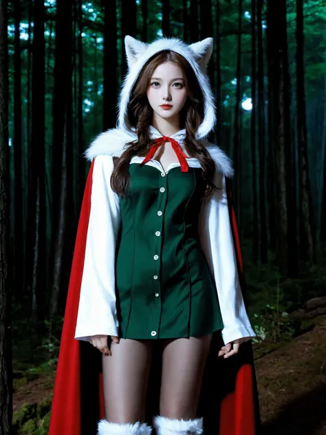 a (humanoid wolf) with girl, (beautiful face), long curly hair, (naughty face:1.2), green eyes, perky breasts, maid outfit, red cloak, hood, miniskirt, thighhighs, (upper knees shot:1.3), forest, moon, night,
(masterpiece:1.2, best quality:1.2, absurdres:1.2, beautiful, highres:1.2, intricate, 4k, detailed, aesthetic),