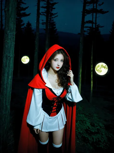 a (humanoid wolf) with girl, (beautiful face), long curly hair, (naughty face:1.2), green eyes, perky breasts, maid outfit, red cloak, hood, miniskirt, thighhighs, (upper knees shot:1.3), forest, moon, night,
(masterpiece:1.2, best quality:1.2, absurdres:1.2, beautiful, highres:1.2, intricate, 4k, detailed, aesthetic),