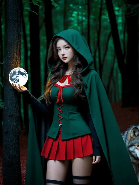 a (humanoid wolf) with girl, (beautiful face), long curly hair, (naughty face:1.2), green eyes, perky breasts, maid outfit, red cloak, hood, miniskirt, thighhighs, (upper knees shot:1.3), forest, moon, night,
(masterpiece:1.2, best quality:1.2, absurdres:1.2, beautiful, highres:1.2, intricate, 4k, detailed, aesthetic),
