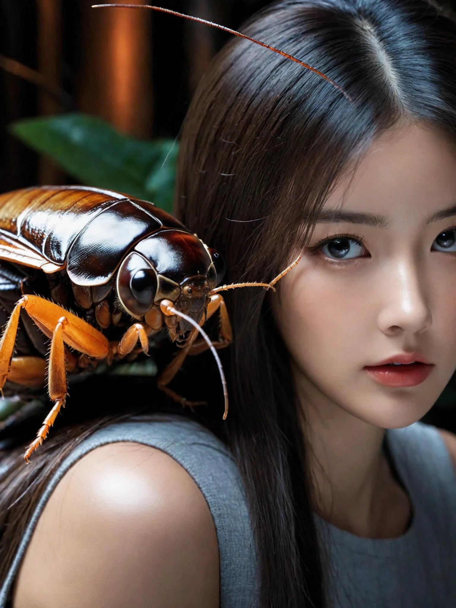 photo of a beautiful girl with frightened expression being chased by a huge terrifying cybernetic giant cockroach, detailed face, horror, ziprealism,