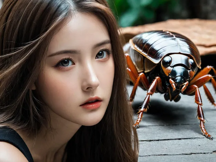 photo of a beautiful girl with frightened expression being chased by a huge terrifying cybernetic giant cockroach, detailed face, horror, ziprealism,