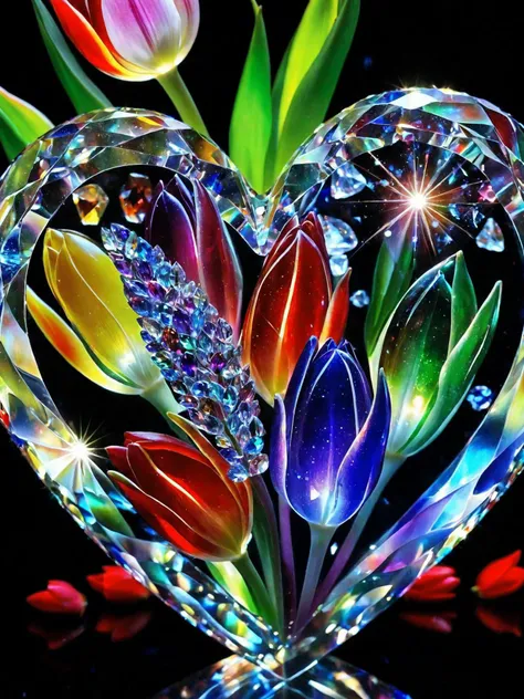 macro photo, sparkling magical fantasy magic figurine in a heart vir, of transparent multi-colored glass gemstones (heart, crystals, translucent), vertical, tulips, light breaks through them magical artifact, highly detailed, amazing quality, intricate cinematic light, high detail, beautiful, surreal, dramatic, warm colors,
(masterpiece, top quality, best quality, official art, beautiful and aesthetic:1.2),