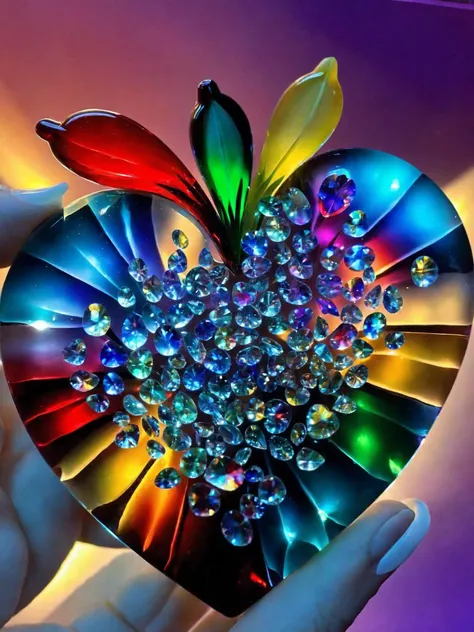 macro photo, sparkling magical fantasy magic figurine in a heart vir,  of transparent multi-colored glass gemstones (heart, crystals, translucent), vertical, tulips, light breaks through them magical artifact, highly detailed, amazing quality, intricate cinematic light, high detail, beautiful, surreal, dramatic, warm colors,
(masterpiece, top quality, best quality, official art, beautiful and aesthetic:1.2),