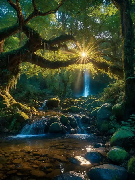 enchanted forest at twilight, ethereal light filtering through ancient towering trees, vividly detailed lush undergrowth, mystical creatures lurking in the shadows, sparkling fairy lights weaving through the foliage, a crystal-clear stream with water so pure it glows, cascading waterfall in the background with magical properties, fantasy wildlife drinking at the water's edge, highly detailed, photorealistic textures on every surface, soft diffused lighting creating a serene atmosphere, high dynamic range, ultra HD 8K resolution, depth of field emphasizing the magical focus points, art by Thomas Kinkade and Roger Dean, immersive, otherworldly beauty captured in cinematic quality,