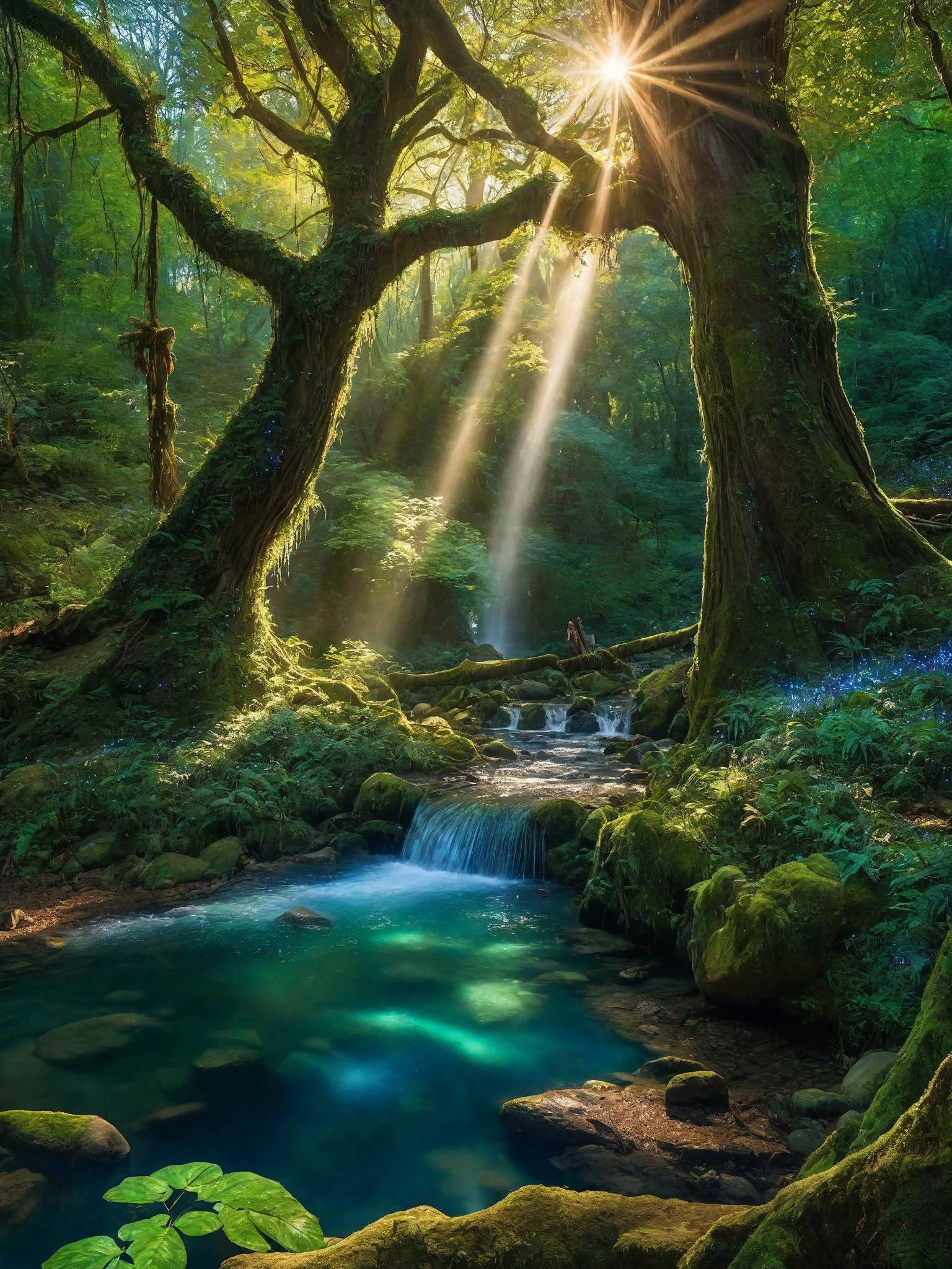 enchanted forest at twilight, ethereal light filtering through ancient towering trees, vividly detailed lush undergrowth, mystical creatures lurking in the shadows, sparkling fairy lights weaving through the foliage, a crystal-clear stream with water so pure it glows, cascading waterfall in the background with magical properties, fantasy wildlife drinking at the water's edge, highly detailed, photorealistic textures on every surface, soft diffused lighting creating a serene atmosphere, high dynamic range, ultra HD 8K resolution, depth of field emphasizing the magical focus points, art by Thomas Kinkade and Roger Dean, immersive, otherworldly beauty captured in cinematic quality,