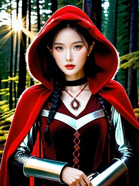 (a photo of a huntress with a grizzly), hunting, shotgun, realistic photo, 20yo asian, slender face, (sexy and beautiful face), shiny skin, glossy skin, sunset, cleavage, ((glowing crystal armor)), necklace, earrings, red cloak, hood, holding, (upper knees shot), forest, intricate details, ultra-realistic, high saturation, high contrast, 35mm raw photo,