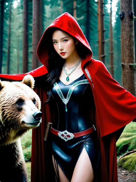 (a photo of a huntress with a grizzly), hunting, shotgun, realistic photo, 20yo asian, slender face, (sexy and beautiful face), shiny skin, glossy skin, sunset, cleavage, ((glowing crystal armor)), necklace, earrings, red cloak, hood, holding, (upper knees shot), forest, intricate details, ultra-realistic, high saturation, high contrast, 35mm raw photo,