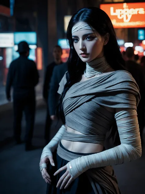 award winning photos, trending on artstation, (((A lifelike female mummy with bloods appears in the modern city, with broken bandages, muttered spells, glowing eyes, spell casting, magic spells, ancient Egyptian text))). (upper thighs shot), ethereal fantasy concept art , magnificent, celestial, ethereal, epic, majestic, magical, fantasy art, cover art, dreamy,