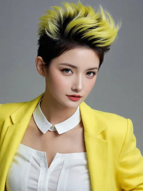 1girl, perky breasts, Lemon yellow Messy Quiff with Tapered Sides, open jacket,
(masterpiece, best quality),