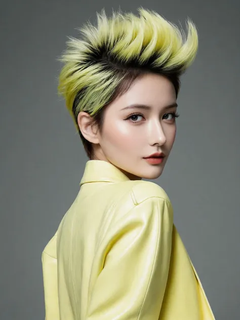 1girl, perky breasts, Lemon yellow Messy Quiff with Tapered Sides, open jacket,
(masterpiece, best quality),