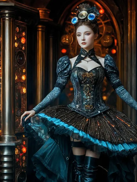 dreamscape An exquisite and breathtaking painting captures a delicate figurine, a porcelain ballerina, beautiful woman. The full-body standing figure appears to be suspended on a glowing pedestal, her light sparkling eyes seemingly alive with energy. Her intricate armor is composed of scaly gelatinous mosaic parts and delicate mechanical components that shine LED lights in the dark. An old steampunk toy shop in the background, its dusty texture adding a sense of nostalgia and age to the scene. it showcases the beauty and complexity of steampunk aesthetics never before. vibrant colors, style of Piotr Foksowicz and Andrew Ferez, surreal, ethereal, dreamy, mysterious, fantasy, highly detailed,