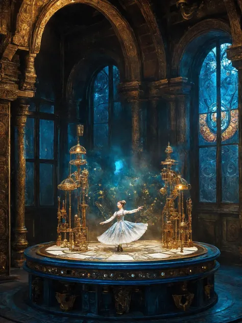 dreamscape An exquisite and breathtaking painting captures a delicate figurine, a porcelain ballerina, beautiful woman. The full-body standing figure appears to be suspended on a glowing pedestal, her light sparkling eyes seemingly alive with energy. Her intricate armor is composed of scaly gelatinous mosaic parts and delicate mechanical components that shine  LED lights in the dark. An old steampunk toy shop in the background, its dusty texture adding a sense of nostalgia and age to the scene. it showcases the beauty and complexity of steampunk aesthetics  never before. vibrant colors, style of Piotr Foksowicz and Andrew Ferez, surreal, ethereal, dreamy, mysterious, fantasy, highly detailed,