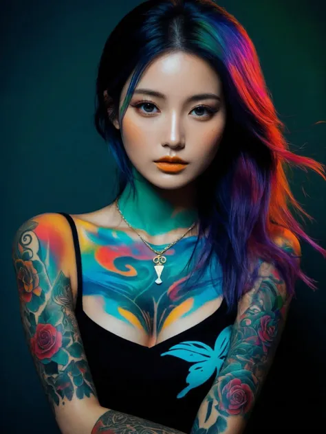 (otherworldly beauty), expressionist sexy girl in her 20s, perky breasts, (upper thighs shot:1.3), sexy pose, colorful tattoo, raw, emotional, dynamic, distortion for emotional effect, vibrant, use of unusual colors, detailed,