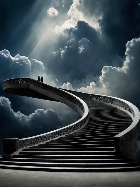 Dreamyvibes artstyle, A surreal depiction of the quest for equality, represented by a vast, ((endless staircase winding through the clouds)), with diverse people climbing together toward a shining, elusive doorway at the top. The scene blends elements of fantasy and reality, with barriers along the path symbolizing various social obstacles. The mood is hopeful yet challenging, with ethereal lighting and symbolic motifs scattered throughout.