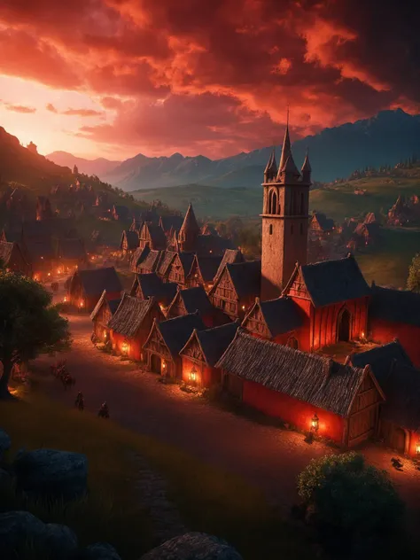A detailed and realistic fantasy medieval village scene, infused with dynamic and cinematic lighting effects. The scene is bathed in a dramatic red light with volumetric clouds in the background, creating a powerful and inspirational atmosphere. The image should be rendered with high fidelity, showcasing a sharp macro perspective, depth of field, and a soft blur to accentuate the focal points. The artwork aims to convey an aesthetic reminiscent of epic cinematic concept art, produced with sophisticated 3D rendering tools for a breathtaking visual experience,