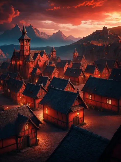 A detailed and realistic fantasy medieval village scene, infused with dynamic and cinematic lighting effects. The scene is bathed in a dramatic red light with volumetric clouds in the background, creating a powerful and inspirational atmosphere. The image should be rendered with high fidelity, showcasing a sharp macro perspective, depth of field, and a soft blur to accentuate the focal points. The artwork aims to convey an aesthetic reminiscent of epic cinematic concept art, produced with sophisticated 3D rendering tools for a breathtaking visual experience,