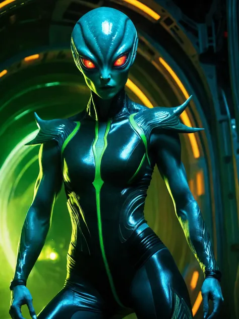 (a strange-looking female alien:1.4), glowing eyes, open mouth, sharp teeth, slime, muscular, aesthetic physique, (strange-looking alien body), fighting stance, spaceship background, artistic photos, 8k,
