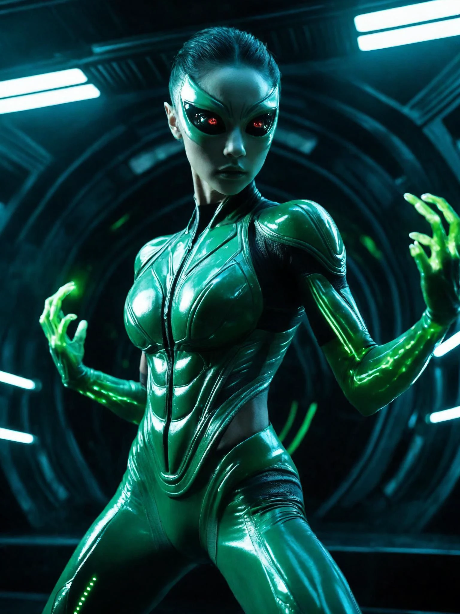 (a strange-looking female alien:1.4), glowing eyes, open mouth, sharp teeth, slime, muscular, aesthetic physique, (strange-looking alien body), fighting stance, spaceship background, artistic photos, 8k,