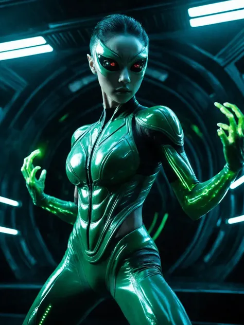 Science fiction, fully body, intelligent and charismatic, Respect, Stately, fragile, Fine body, fully body, neon, alien, futurist, cyberpunk, tenebrosa