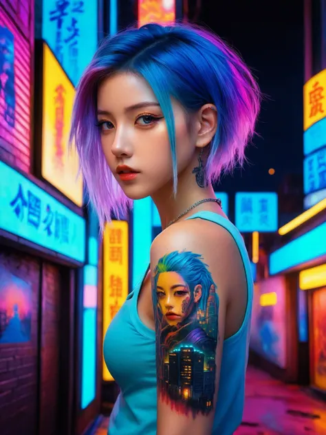 Hyperrealistic portrait of a 18 year old girl with intense gaze, intricate facial tattoos, colorful hair, and vibrant lighting. (upper thighs shot:1.3), Set against a dystopian cityscape background, reminiscent of cyberpunk art. Masterpiece digital artwork by Greg Rutkowsky and Hayao Miyazaki.