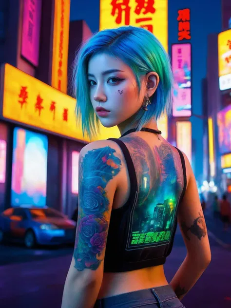 Hyperrealistic portrait of a 18 year old girl with intense gaze, intricate facial tattoos, colorful hair, and vibrant lighting. (upper thighs shot:1.3), Set against a dystopian cityscape background, reminiscent of cyberpunk art. Masterpiece digital artwork by Greg Rutkowsky and Hayao Miyazaki.
