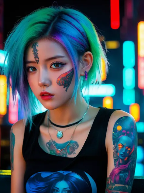 Hyperrealistic portrait of a 18 year old girl with intense gaze, intricate facial tattoos, colorful hair, and vibrant lighting. (upper thighs shot:1.3), Set against a dystopian cityscape background, reminiscent of cyberpunk art. Masterpiece digital artwork by Greg Rutkowsky and Hayao Miyazaki.