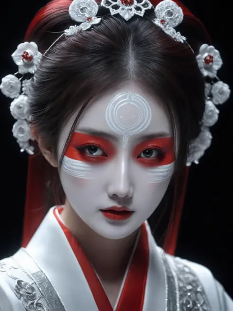 japanese girl with red and white painted face, in the style of gothic futurism, monochromatic symmetry, intricate embellishments, eerily realistic, yup'ik art, photo-realistic techniques, porcelain, subsurface scattering, Photorealistic, Hyperrealistic, analog style, realistic, film photography, soft lighting, heavy shadow,