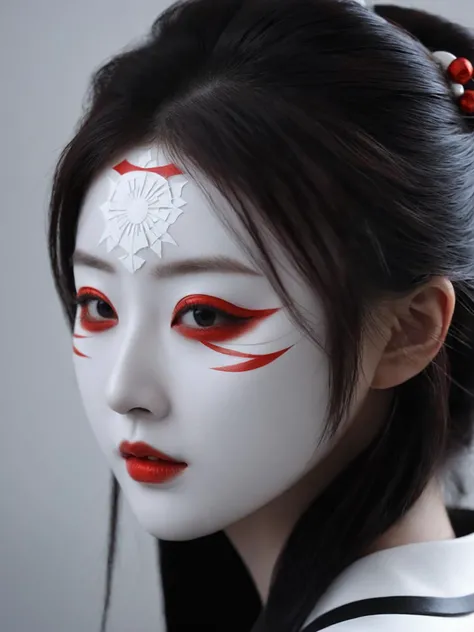 japanese girl with red and white painted face, in the style of gothic futurism, monochromatic symmetry, intricate embellishments, eerily realistic, yup'ik art, photo-realistic techniques, porcelain, subsurface scattering, Photorealistic, Hyperrealistic, analog style, realistic, film photography, soft lighting, heavy shadow,