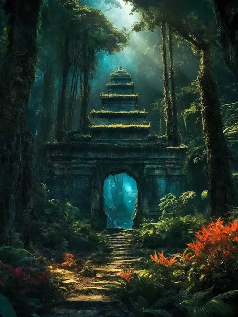 Concept Art,(masterpiece:0.3) high detailed,bright natural lighting,shadows,high contrast,a tropical Forest in alien planet,two big moons in sky,Old civilization ruins,seeing (mythical alien not on earth plantations Neon lights on Flower kind plants) Trees plants and flowers from the ground,view from below,atmospheric dreamscape painting,dream scenery art,highly detailed visionary art,cgi style,vibrant oil painting,splash art,Cozy mystery,masterpiece 8k wallpapper,neoplasticism,Unreal Engine,dramatic lightingvines,overgrown,ink stains,ink splatters,ink runs,ink spots,faded ink,ral-dissolve,linquivera,liiv1,on parchment,