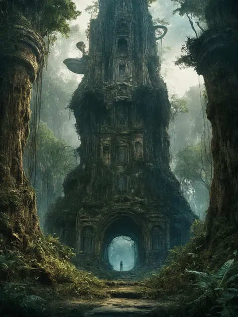 Concept Art,(masterpiece:0.3) high detailed,bright natural lighting,shadows,high contrast,a tropical Forest in alien planet,two big moons in sky,Old civilization ruins,seeing (mythical alien not on earth plantations Neon lights on Flower kind plants) Trees plants and flowers from the ground,view from below,atmospheric dreamscape painting,dream scenery art,highly detailed visionary art,cgi style,vibrant oil painting,splash art,Cozy mystery,masterpiece 8k wallpapper,neoplasticism,Unreal Engine,dramatic lightingvines,overgrown,ink stains,ink splatters,ink runs,ink spots,faded ink,ral-dissolve,linquivera,liiv1,on parchment,