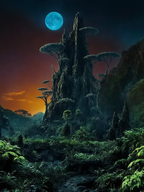 Concept Art,(masterpiece:0.3) high detailed,bright natural lighting,shadows,high contrast,a tropical Forest in alien planet,two big moons in sky,Old civilization ruins,seeing (mythical alien  not on earth plantations Neon lights on Flower kind plants) Trees plants and flowers from the ground,view from below,atmospheric dreamscape painting,dream scenery art,highly detailed visionary art,cgi style,vibrant oil painting,splash art,Cozy mystery,masterpiece 8k wallpapper,neoplasticism,Unreal Engine,dramatic lightingvines,overgrown,ink stains,ink splatters,ink runs,ink spots,faded ink,ral-dissolve,linquivera,liiv1,on parchment,