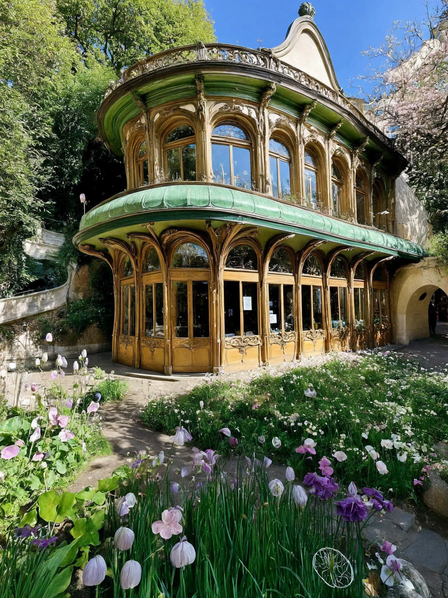 building, architecture of a (gallery:1.2) , from Magic, roots in background, fauna and blossoms, (designed by Hector Guimard:1.2) , fairy tale, organic,