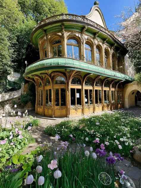 building, architecture of a (gallery:1.2) ,  from Magic, roots in background, fauna and blossoms, (designed by Hector Guimard:1.2) , fairy tale, organic,