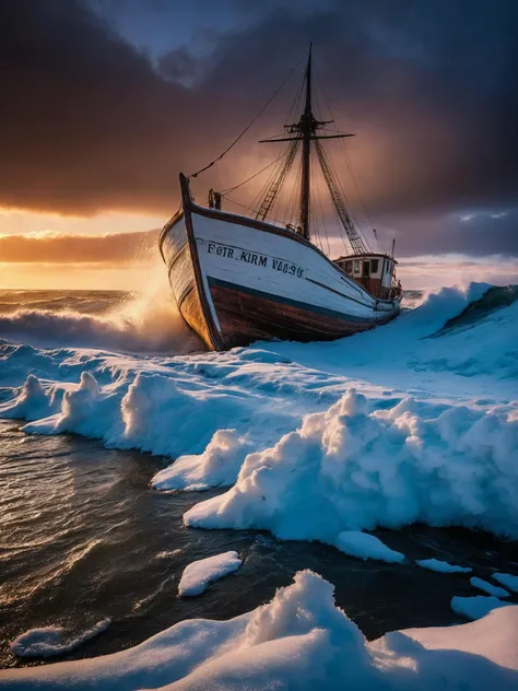 award winning photo, masterpiece, digital photo, night vision, storm, rain, big giant waves, big swell, old wooden boat under the snow, snowfall, sunset, cultural heritage, 8k brittle light, epic, intricate detail,