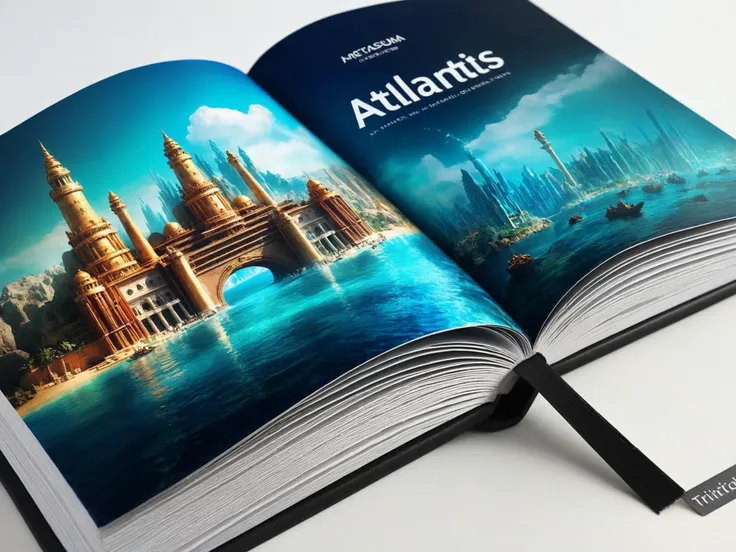 an open BookScenic with a picture of the mythical city of Atlantis, with beautiful fantasy world emerging, Andreas Lie, Luke Gram, Brandon Kidwell, Dan Mountford, Kim Jung Gi, Yoji Shinkawa, intricate, ambient lighting, highly detailed, trending on artstation, sharp focus, vibrant triadic colors, fantasy, magical, ethereal, vivid, detailed, depth of field, soft lighting, digital art, surreal, masterful, intricate, photorealistic, dramatic angle, high resolution, trending on Instagram,