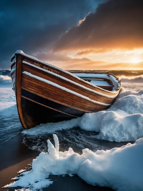 award winning photo, masterpiece, digital photo, night vision, storm, rain, big giant waves, big swell, old wooden boat under the snow, snowfall, sunset, cultural heritage, 8k brittle light, epic, intricate detail,