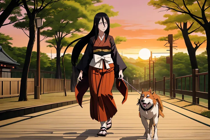 <lora:hyuuga_hanabi-10:0.8> hyuuga_hanabi, japanese clothes, low tied long hair, hakama skirt, walking toward viewer, looking at viewer, walking a dog, at sunset