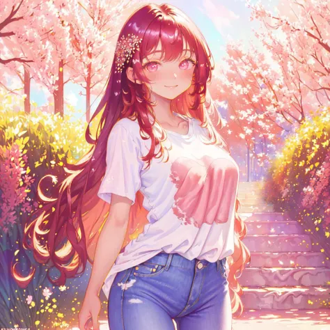 masterpiece, best quality, ultra-detailed, beautiful lighting, solo, 1girl, large breasts, tight jeans, oversized clothes, baggy clothes, t-shirt, animal print, standing up, in park, beautiful scenery, slight blush, smiling, (cute smile:1.1), (glossy lips:1.2), (beautiful eyes:1.1), wonderful background, closed mouth, arms_behind_back, <lora:FlamingoLemon:1>