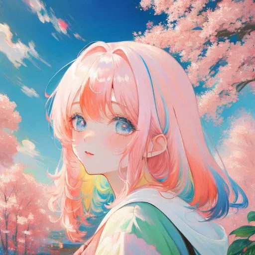 landscape oil painting by Monet, very cute girl, detailed anime-style face, slanted cute eyes, pale pink hair colored with colorful color wax here and there, Colorful gradation hair, Colorful paint explosion pattern,