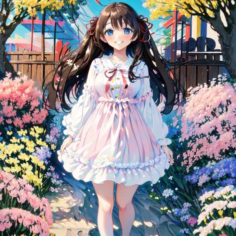 MakotoGGN, masterpiece, best quality, absurdres, detailed, 1girl, solo, long hair, brown hair, blue eyes, large breasts, looking at viewer, full body hair ribbon, blush, red ribbon, standing, two side up, pink dress, flower, outside, nature, grin <lora:MakotoGGN:1>