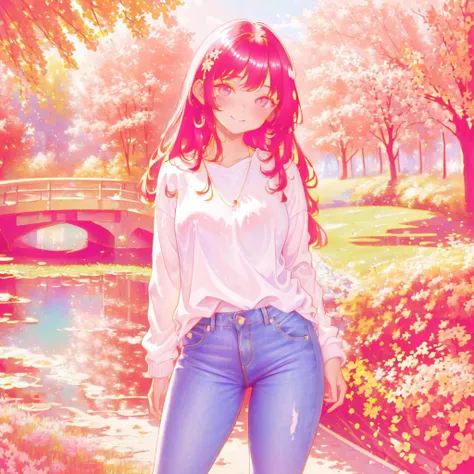 masterpiece, best quality, ultra-detailed, beautiful lighting, solo, 1girl, large breasts, tight jeans, oversized clothes, baggy clothes, white sweater, standing up, in park, beautiful scenery, slight blush, smiling, (cute smile:1.1), (glossy lips:1.2), (beautiful eyes:1.1), wonderful background, closed mouth, arms_behind_back, <lora:FlamingoLemon:1.3>