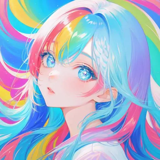 very cute girl, detailed anime-style face, slanted cute eyes, light blue hair colored with colorful color wax here and there, Colorful gradation hair, Colorful paint explosion pattern,