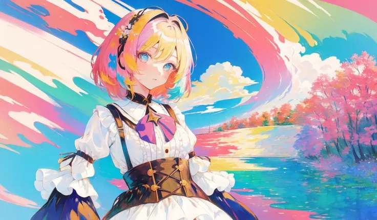 landscape portrait by Monet, very cute girl walking, (detailed anime-style face:1.4), (detailed slanted cute eyes:1.4), __color1__ __length__ hair colored with colorful color wax here and there, __color2__ eyes, Colorful gradation hair, Colorful paint explosion pattern,
