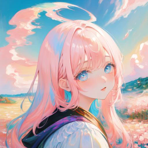 landscape oil painting by Monet, very cute girl, detailed anime-style face, slanted cute eyes, pale pink hair colored with colorful color wax here and there, Colorful gradation hair, Colorful paint explosion pattern,