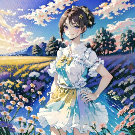 masterpiece, best quality, absurdres, detailed, 1girl, solo, AkiraGGN, short hair, brown hair, purple eyes, yellow hair bow, sundress, flower field medium breasts, parted bangs, ponytail, standing, hands on hips, smug, smirk <lora:AkiraGGN:1>
