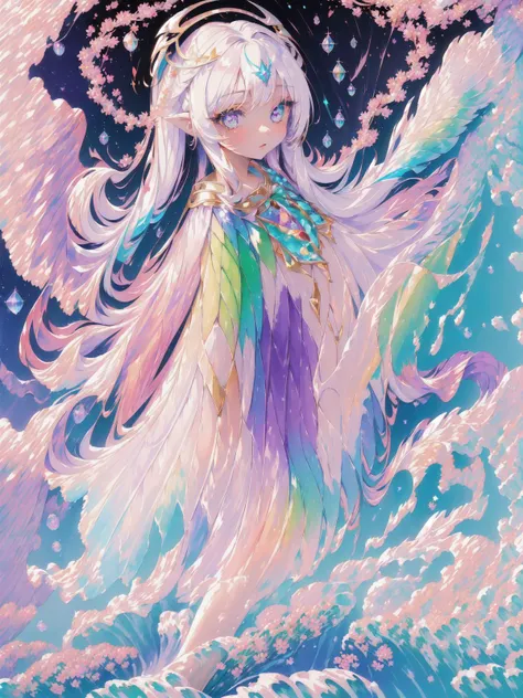(kaleidoscope:1.4), (masterpiece:1.4), (best quality:1.4), (very cute 1girl angel, ultra-detailed face, jewel-like eye, white very long hair, colorful gradation hair:1.4), ring of angels, angel wing,
BREAK,
(detailed background:1.4), ultra-detailed background, (Light Effects, Fluttering vine, floating crystal, floating cloud:1.4),
BREAK,
(perfect hand:1.4), (perfect four long fingers and perfect short thumb:1.4), (thumb shorter than other four fingers:1.4),